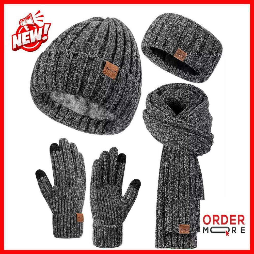 Winter 4-Piece Set: Fleece-Lined Beanie, Scarf, Gloves, Headband